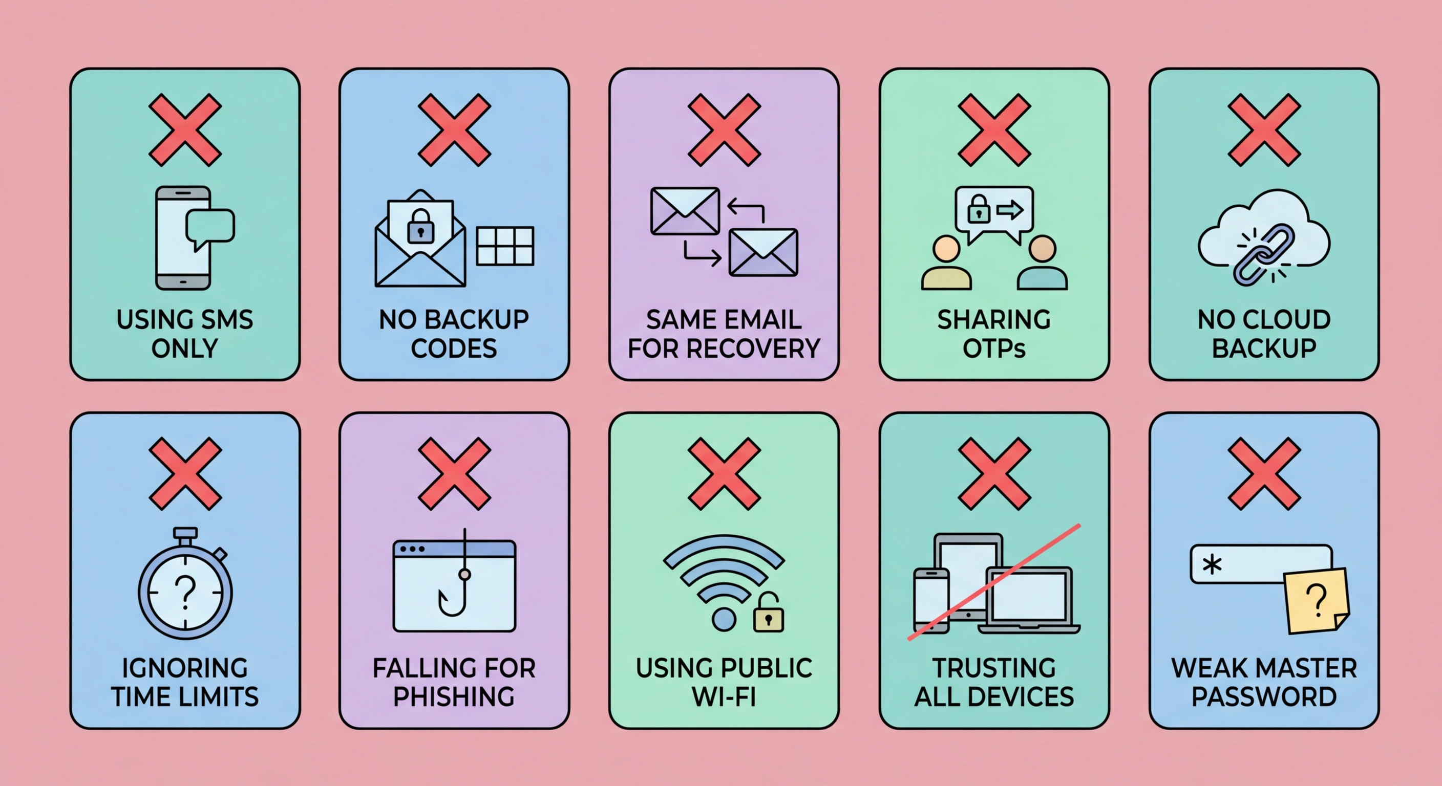 Common 2FA mistakes illustrated — SMS codes, no backup, trusting all devices