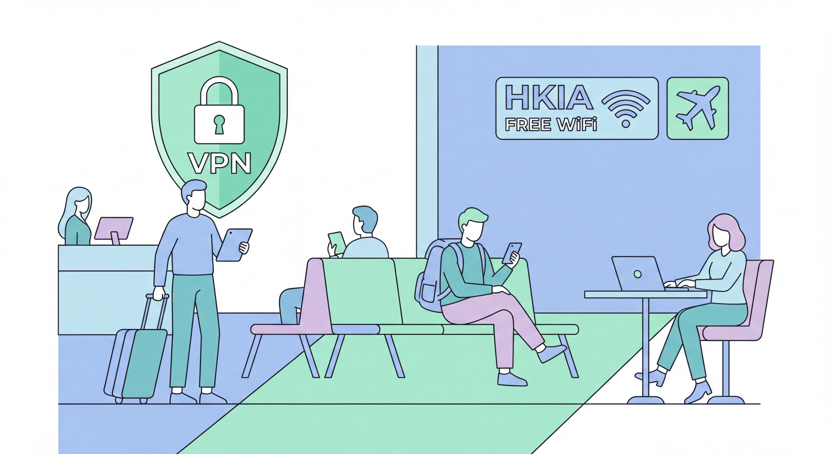 Airport WiFi security at HKIA — traveller using laptop at departure gate with VPN