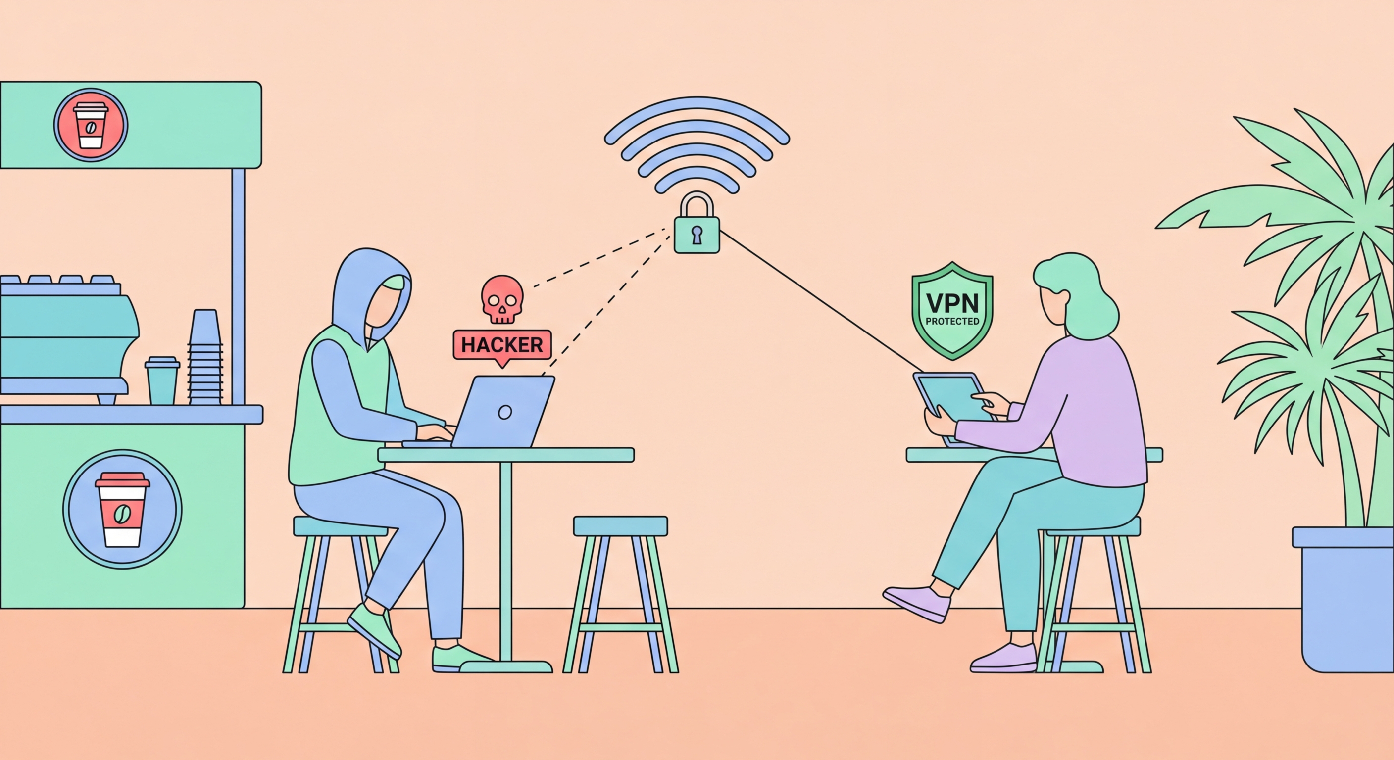 Coffee shop WiFi security in Hong Kong — person working on laptop at Starbucks or Pacific Coffee