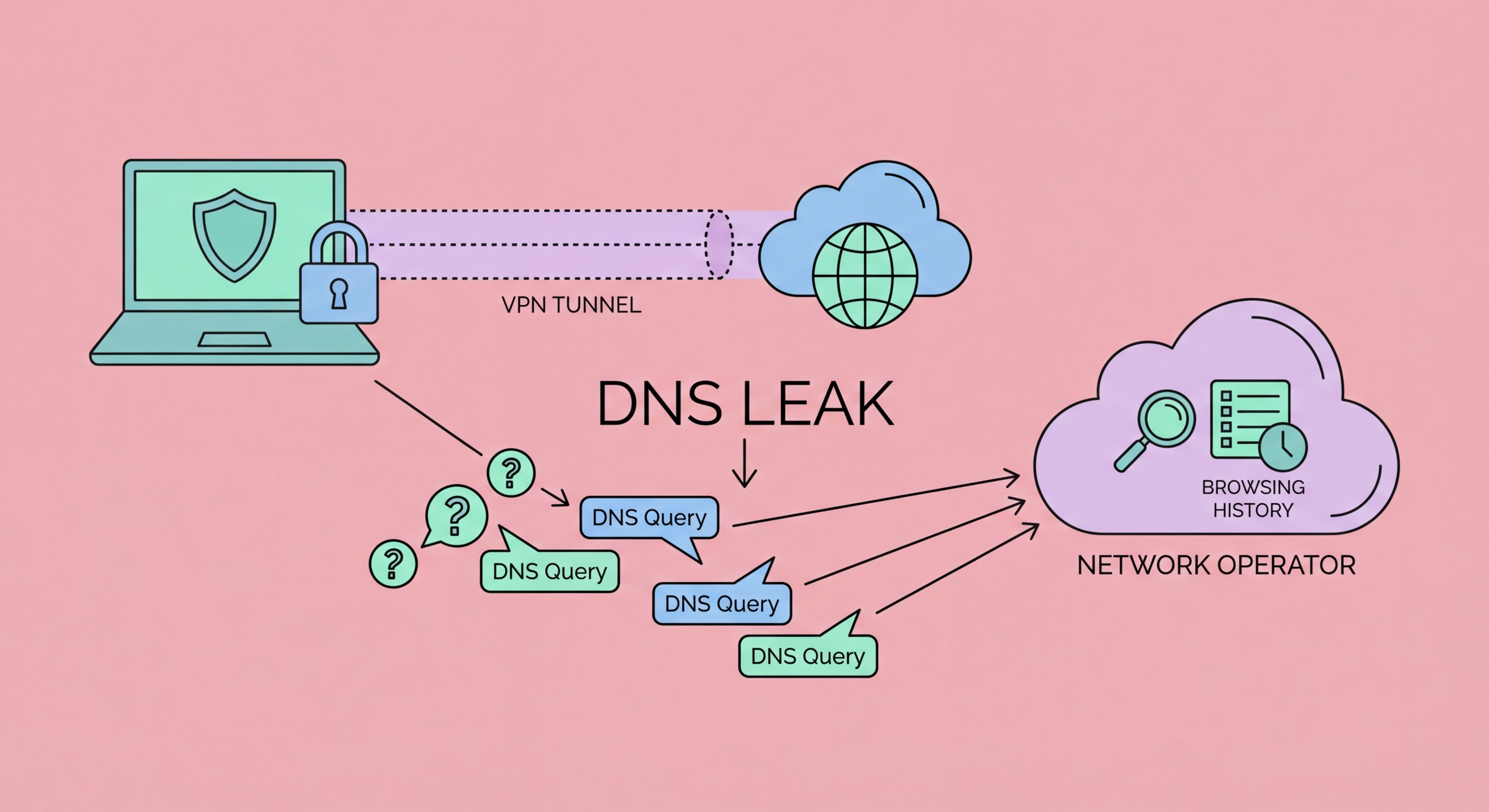 DNS leak on public WiFi — plaintext domain name queries visible to network monitors
