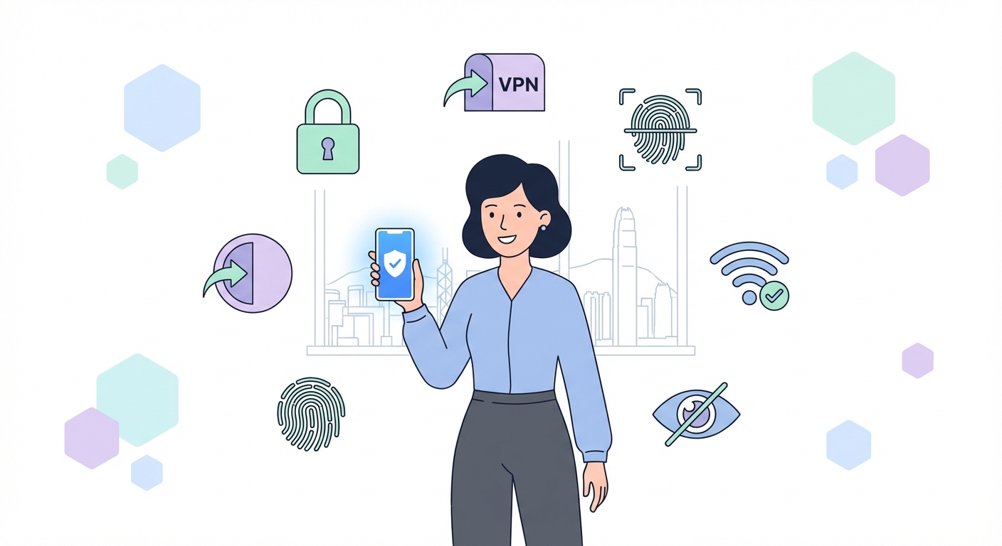 Cybersecurity protection illustration — shield, padlock and security icons for Hong Kong users