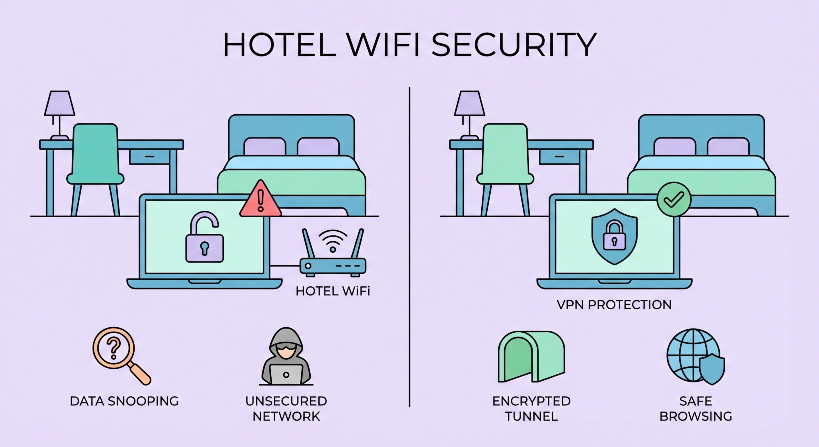 Hotel WiFi security risks — traveller using laptop in hotel room on unsecured network