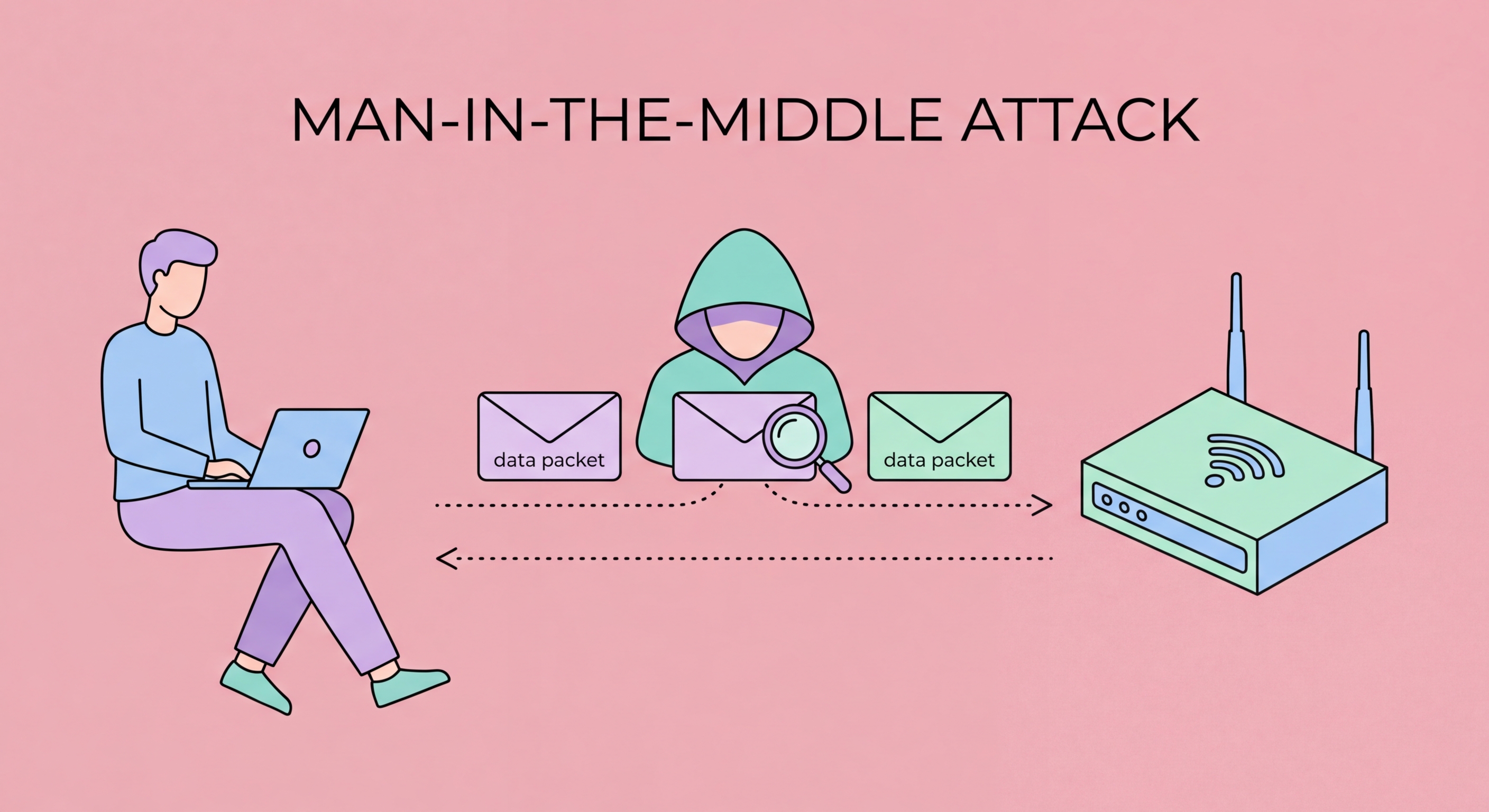 Man-in-the-middle attack diagram showing attacker intercepting WiFi traffic between user and internet