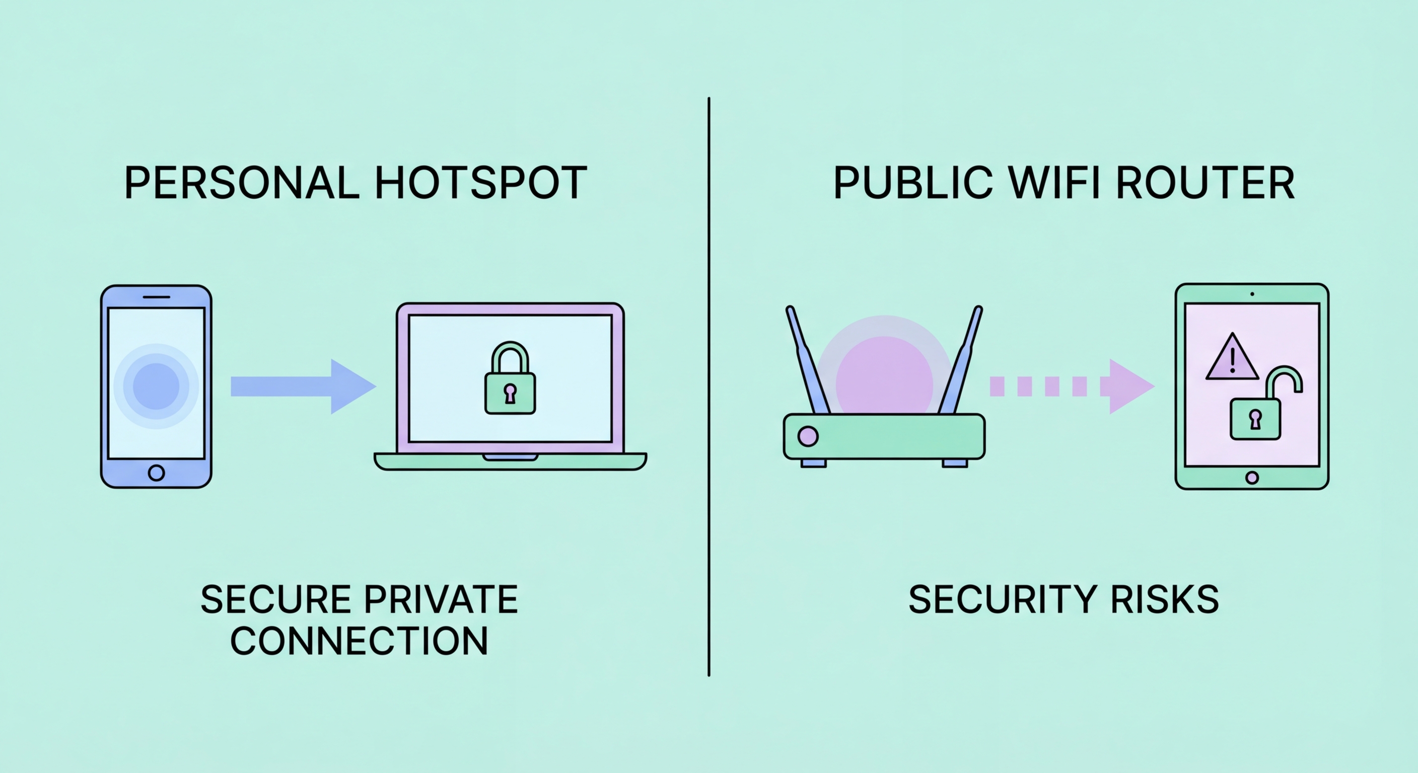 Mobile hotspot vs public WiFi comparison — smartphone creating personal hotspot for laptop