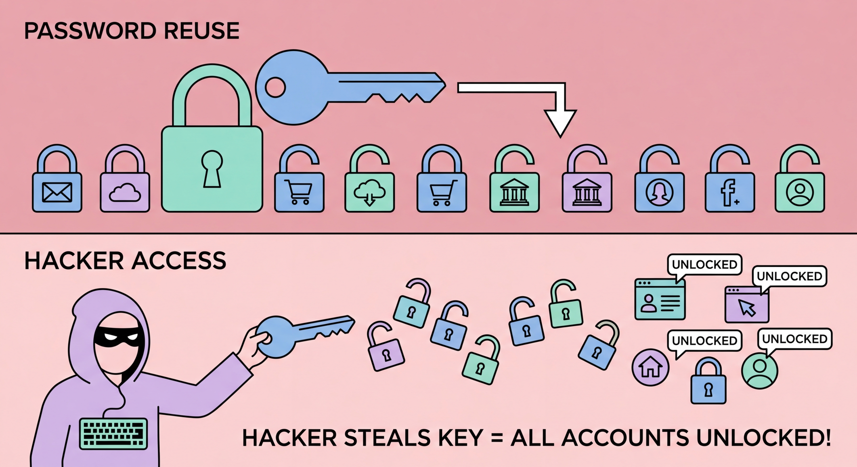 Password reuse dangers and credential stuffing illustration