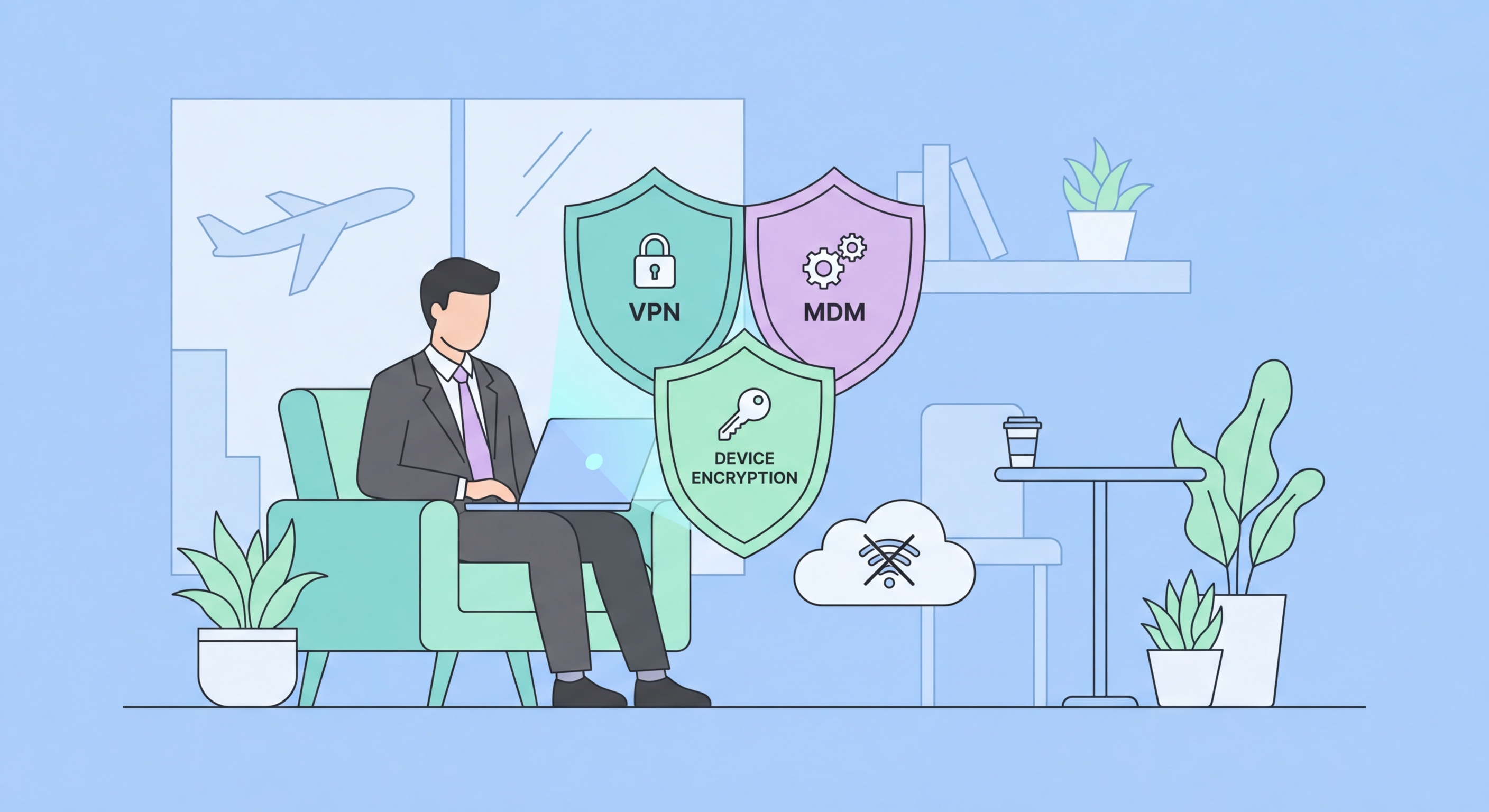 Business traveller using laptop on public WiFi in Hong Kong — corporate data protection