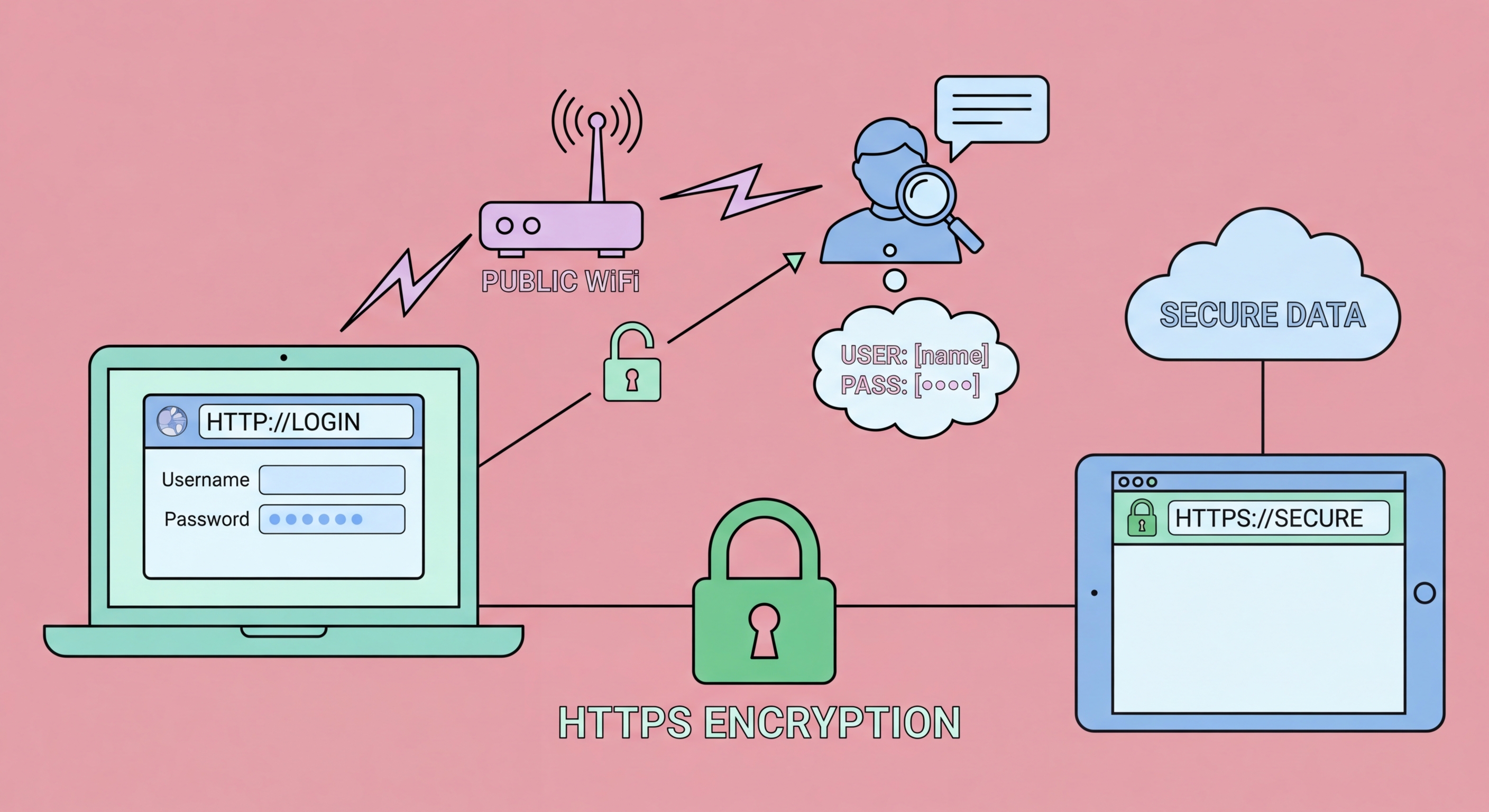 Password theft risk on public WiFi — attacker capturing credentials on open network