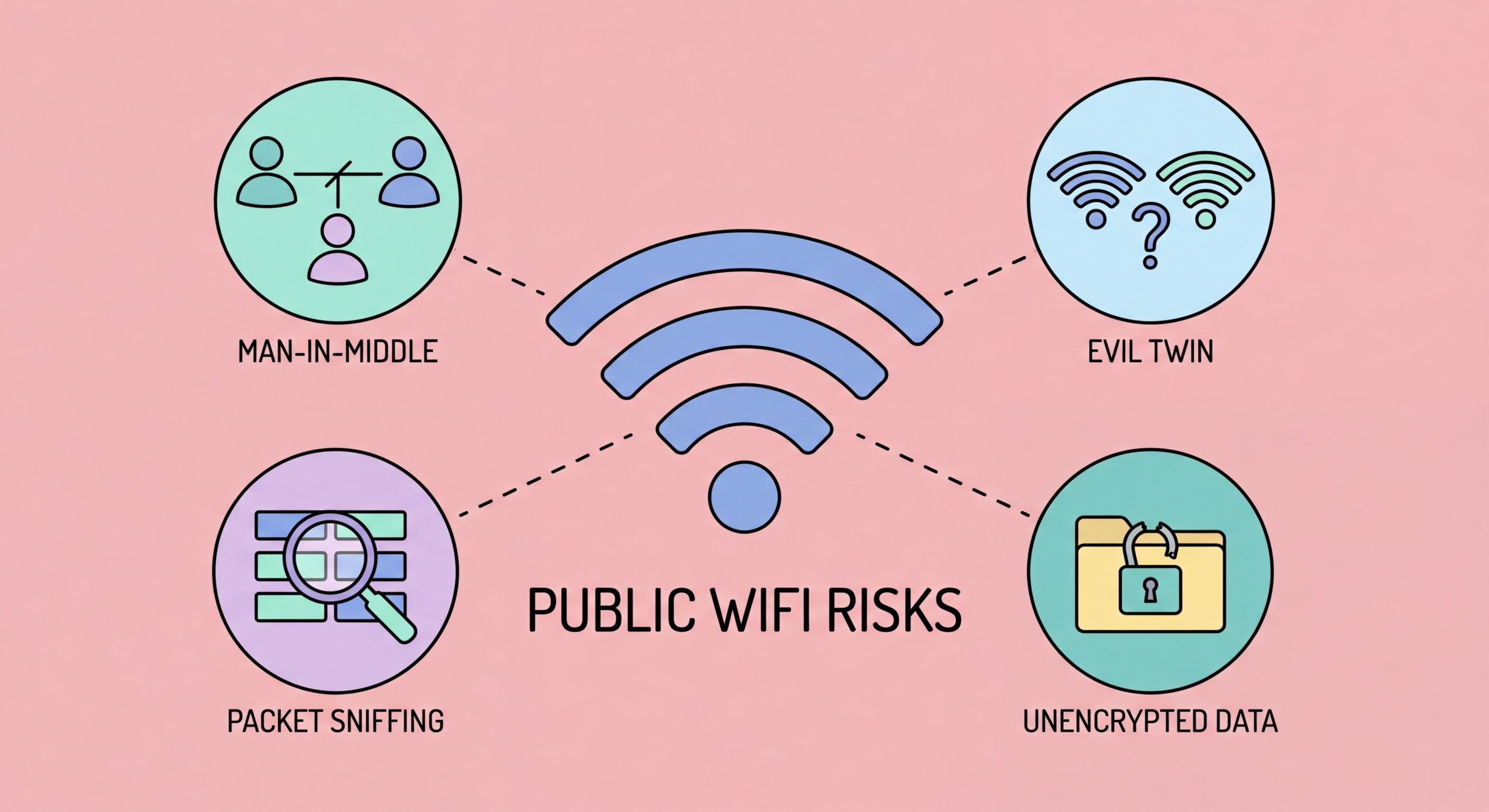 Public WiFi security risks in Hong Kong — coffee shop hotspot with hacker monitoring traffic