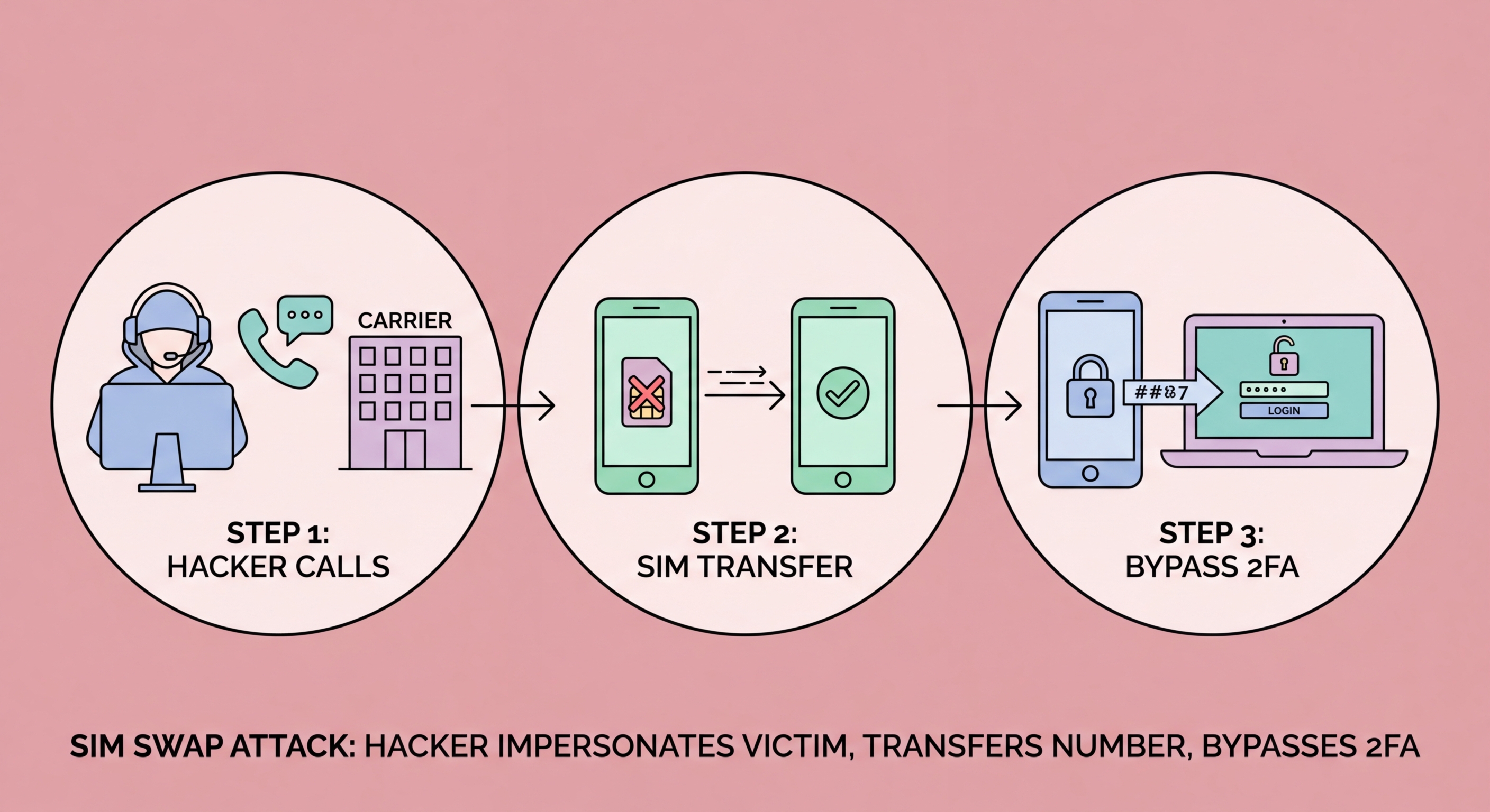 SIM swap attack illustration showing phone number being transferred to attacker's device