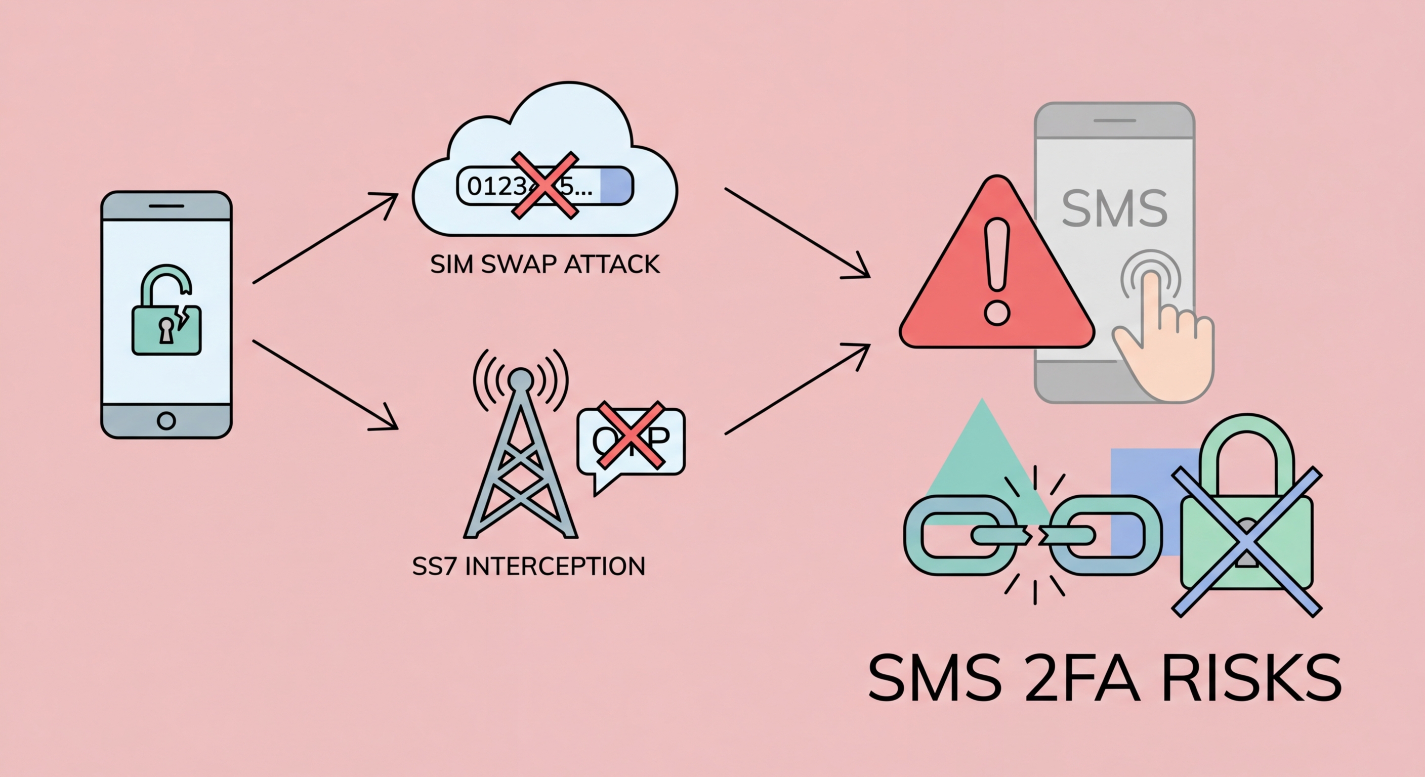 SMS 2FA vulnerabilities — SIM swap and SS7 attack illustration