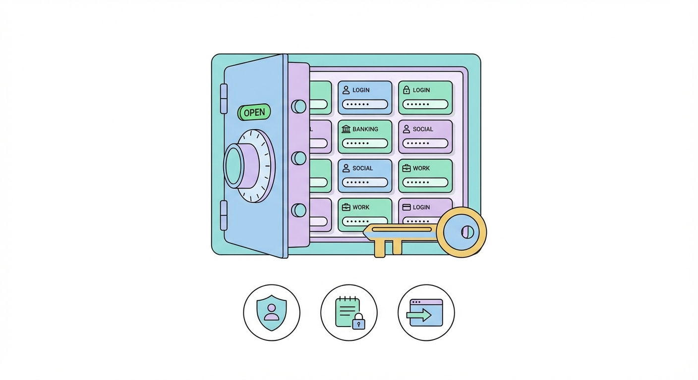 Password manager vault protecting login credentials illustration